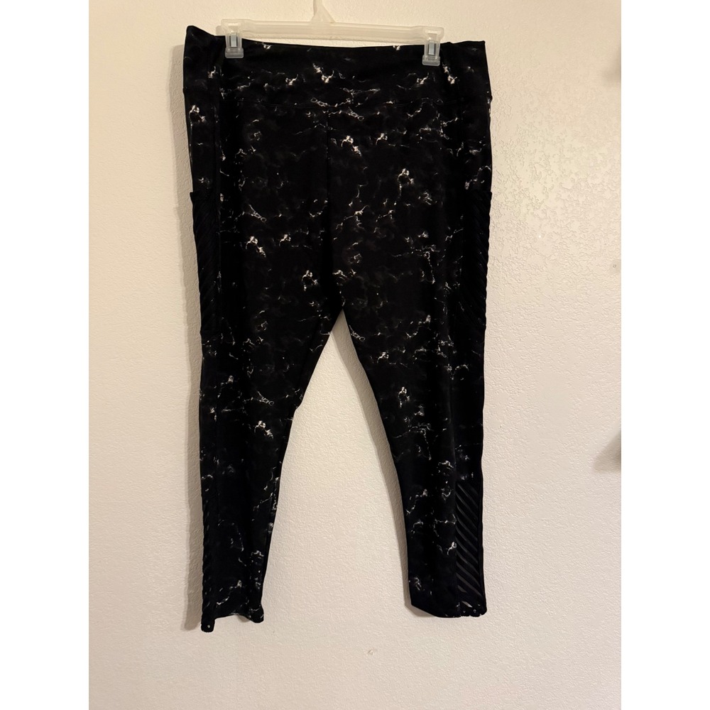 JGX‎ Performance Womens 3X Black Marble Print Athletic Leggings Mesh Panel